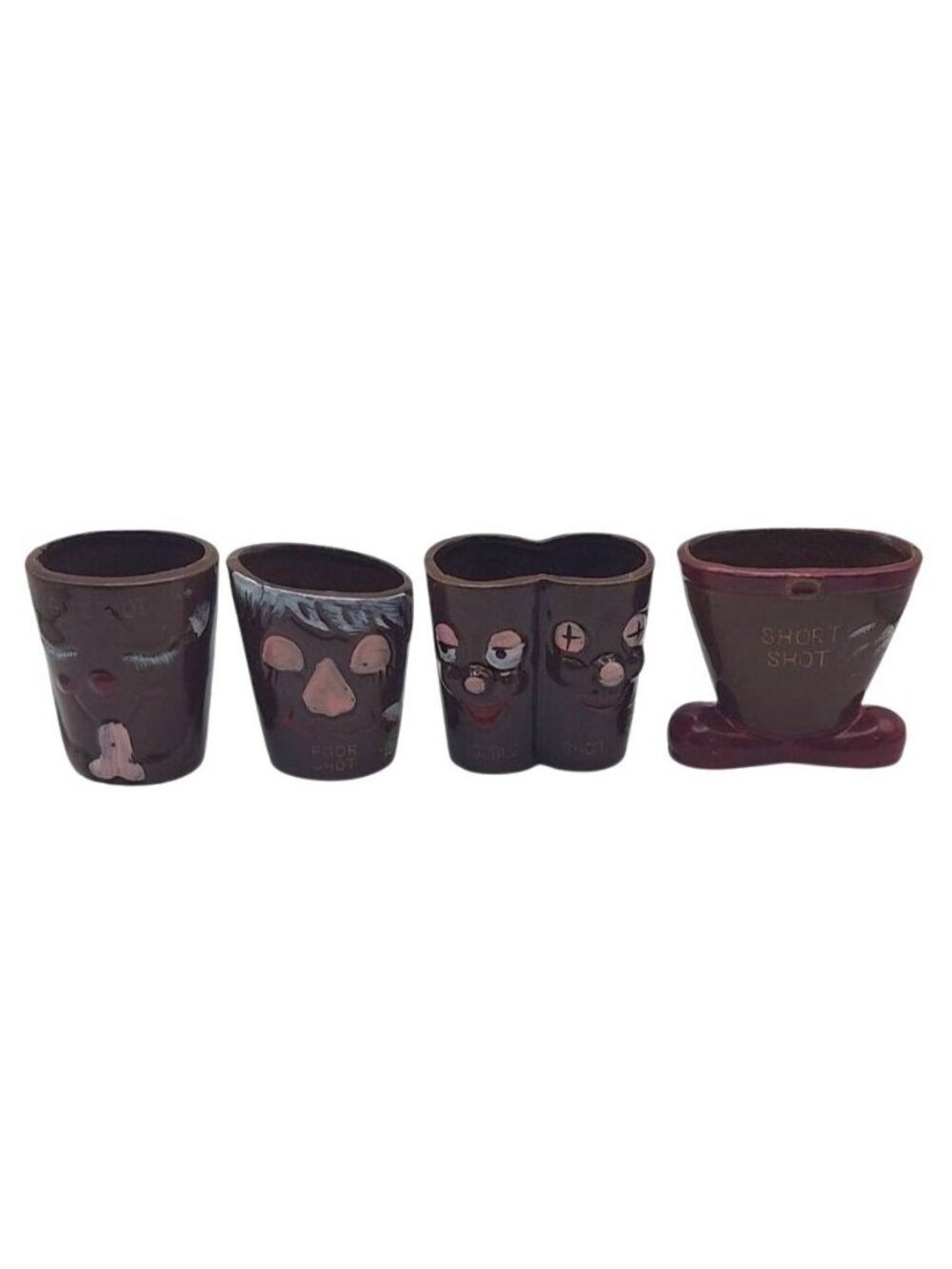 Vintage Novelty Redware Pottery Face Shot Glasses Japan MCM Barware Set of 4